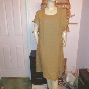 Bella Blue Linen Wrap Dress Size L XL Pockets Pleated Knee Length Brown Coastal